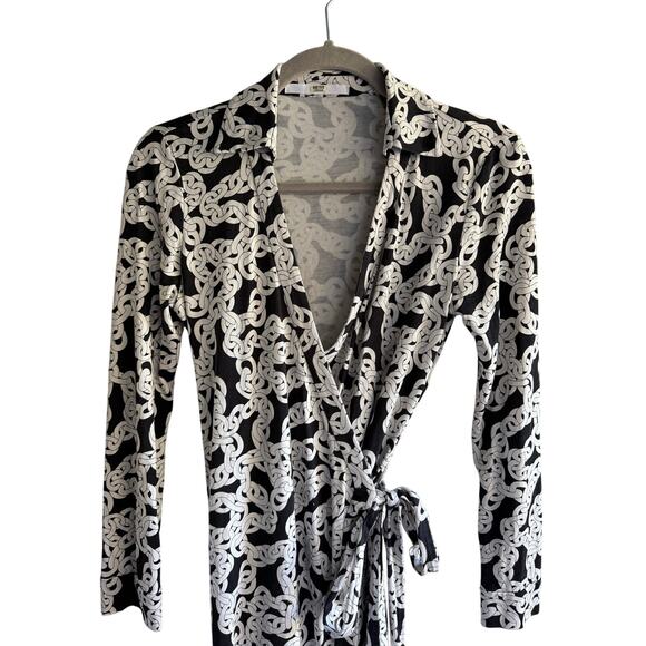 Diane von Furstenberg DVF Chain Link Wrap Dress Black White Silk Jersey XS/Small - Picture 3 of 5